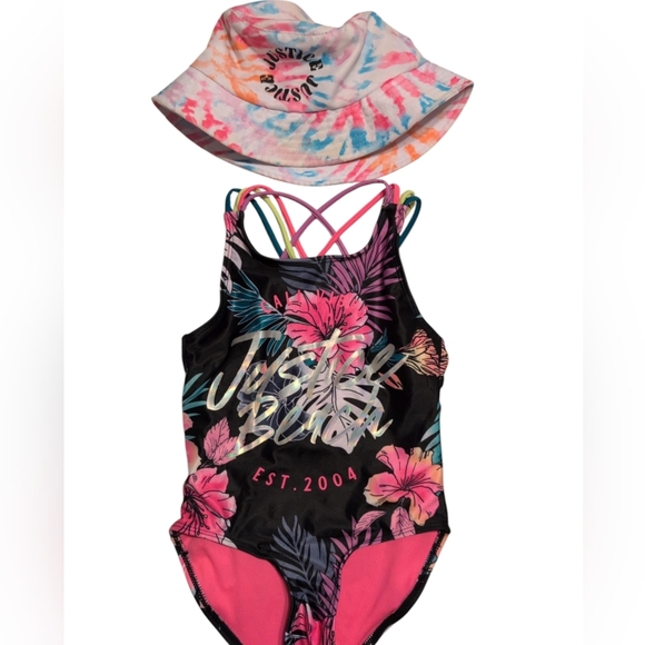 Justice Other - 2/$20 Black Floral Swimsuit And Bucket Hat